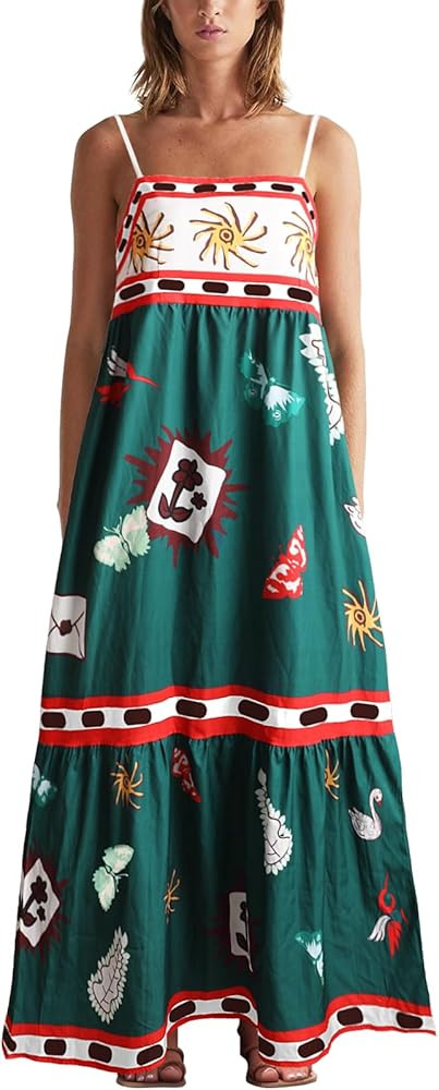 Women Spaghetti Strap Graffiti Maxi Dress Sleeveless Loose Boho Flowy Long Sundress Colorful A Li... | Amazon (US)