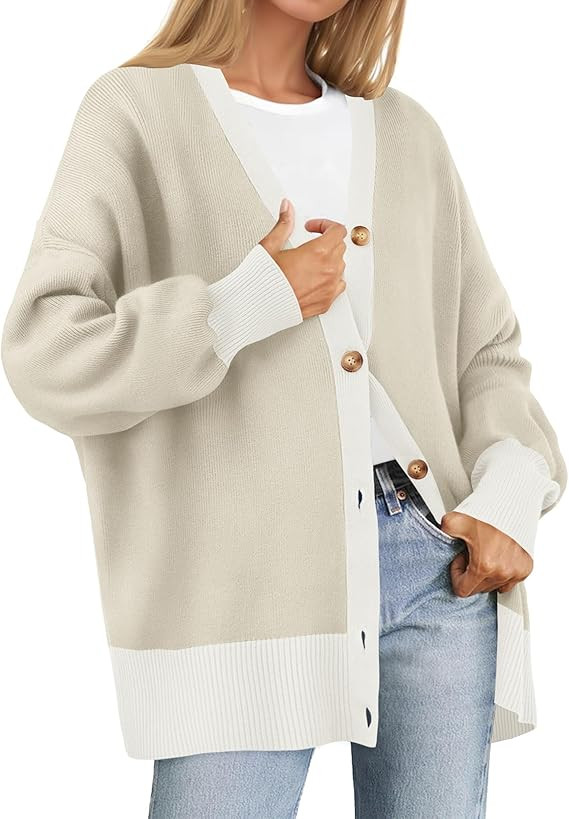ZESICA Women's Casual Loose Knitted Cardigan Long Sleeve Open Front Contrast Color Button Down Ov... | Amazon (US)