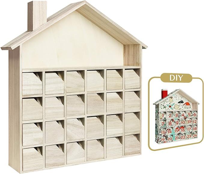 Sunlit Classical Wooden Advent Calendar with Drawers, Unfinished Wooden, House Shaped Countdown C... | Amazon (US)