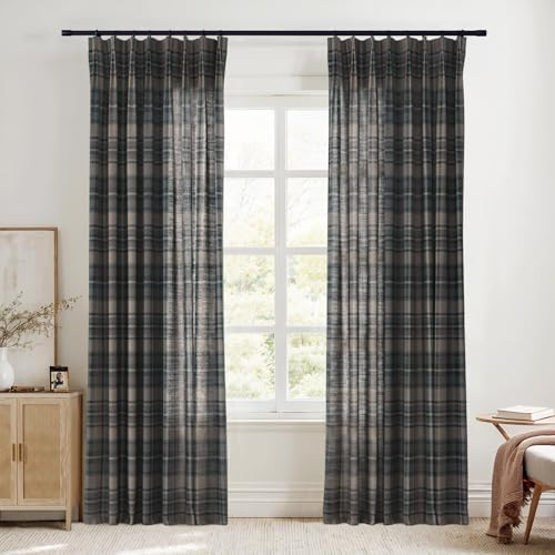TWOPAGES Pinch Pleat Plaid Curtain 90 Inch Long Light Filtering Privacy Drape Linen Textured Tart... | Amazon (US)