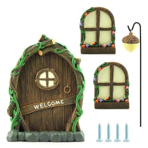 NOVYQREN Miniature Fairy Door and Windows Garden Kit Accessories,Glow in The Dark Fairy Door Windows Yard Art Sculpture Decoration Garden Decor(Wood) | Amazon (US)