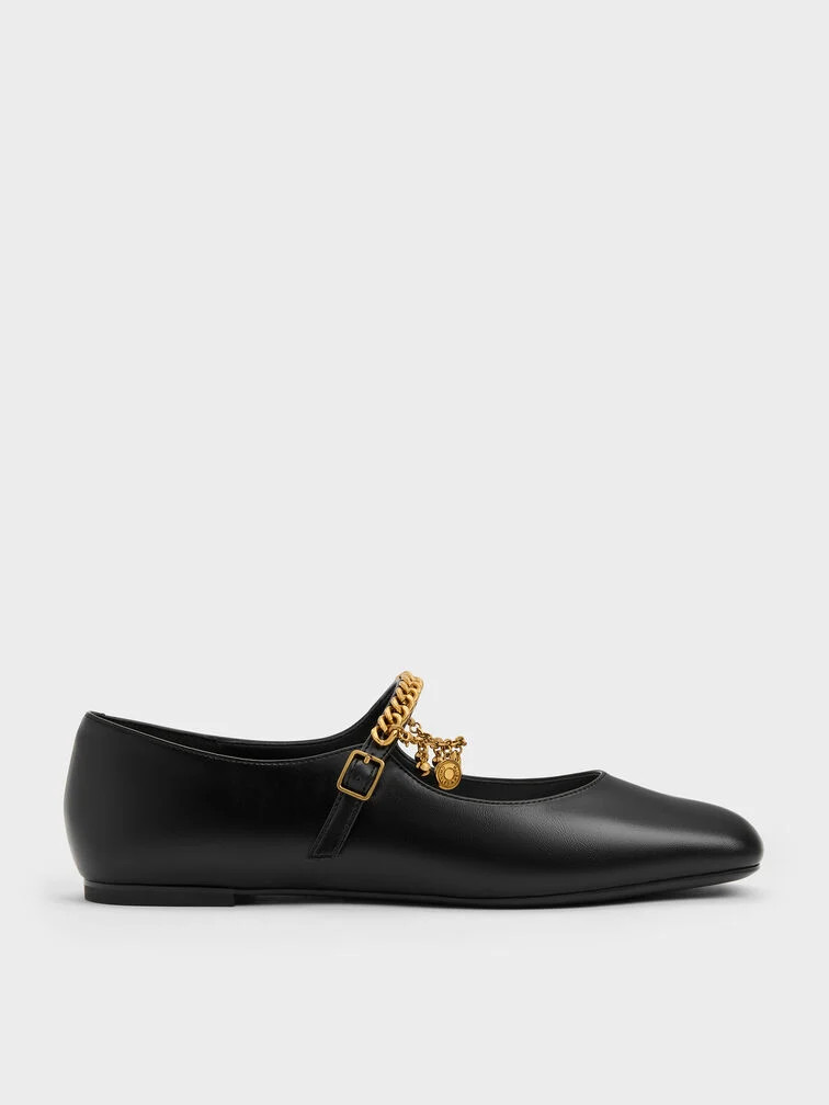 Burgundy Double-Chain Charm Mary Jane Flats | CHARLES & KEITH | Charles & Keith US