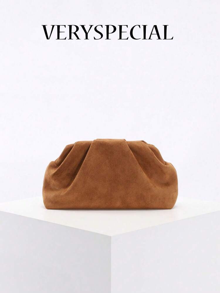 Premium Quality Autumn/Winter New Vintage Brown Faux Suede Leather Clutch Bag, Maillard Style Women's Faux Suede Handbag, European And American Fashion Pleated Bag, Minimalist Women's Clutch Bag With Chain Strap Crossbody Bag | SHEIN