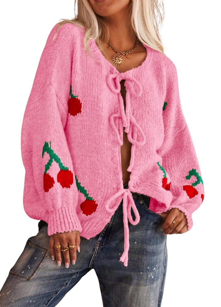 Women's Cute Y2K Cherry Bow Knot Cardigan Sweater Crewneck Chunky Knit Coatigan Coat Tops | Amazon (US)
