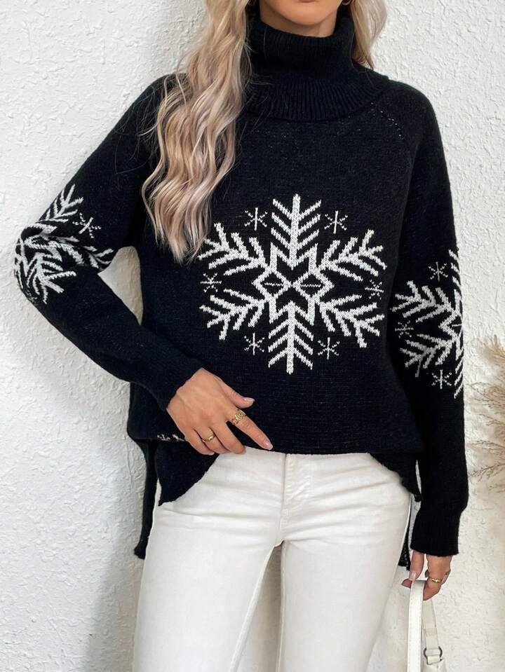 SHEIN LUNE Women's High-neck Snowflake Pattern Drop Shoulder Sleeve Sweater | SHEIN