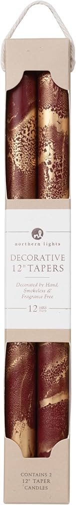 Northern Lights Candles - Premium Decorative Tapers - 12" 2PK - Bordeaux w/Gold - 73302 | Amazon (US)