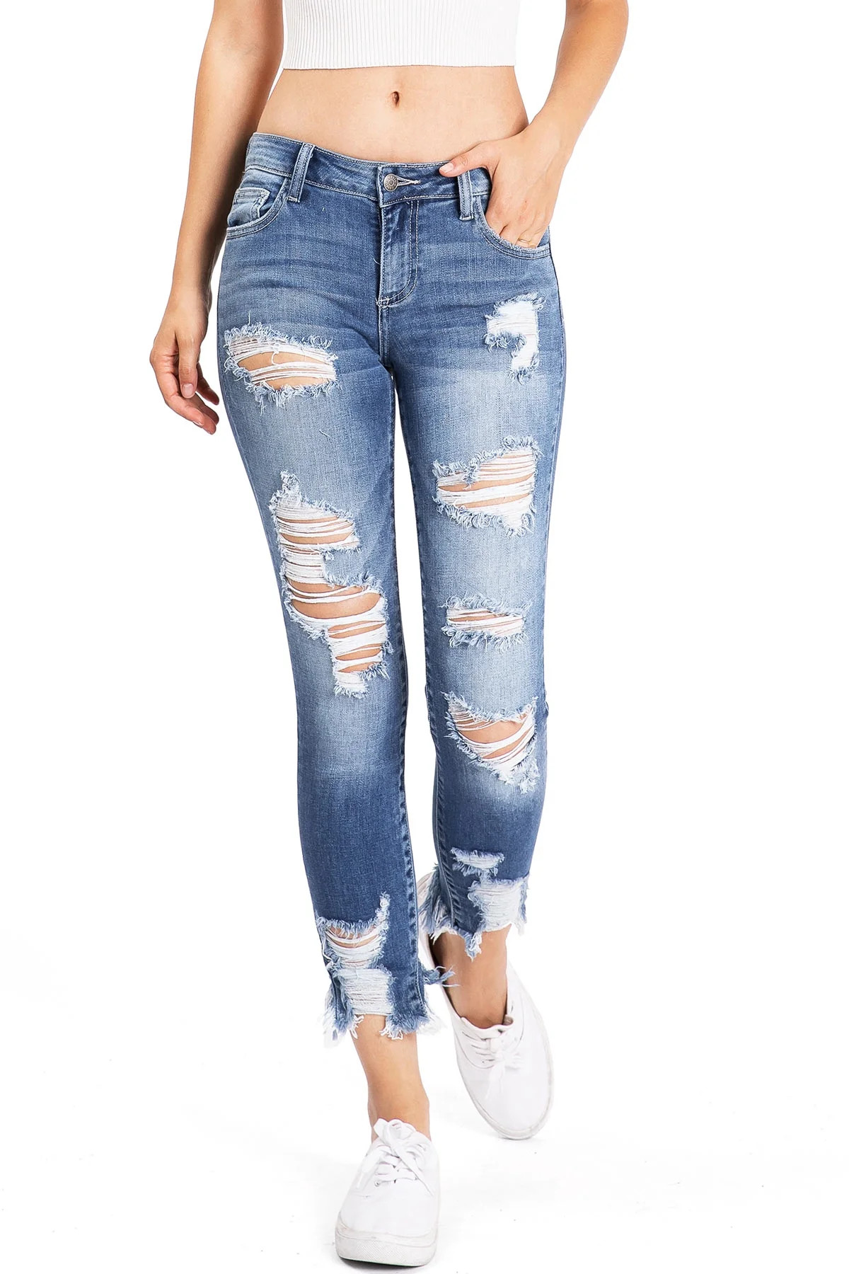 Cello Jeans Women's Juniors Mid Rise Distressed Skinny Jeans (Distressed MDN, 1) | Walmart (US)