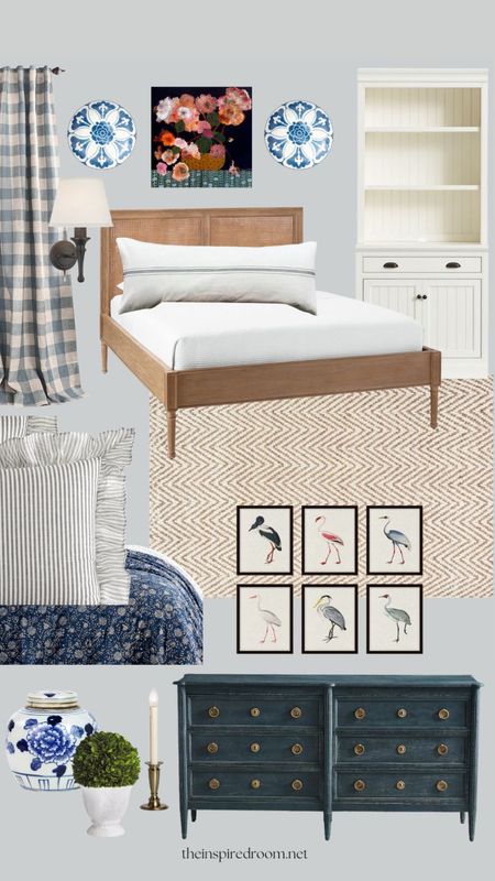 Cozy collected cottage bedroom decor sources - cane bed, Buffalo check curtains, plug in wall sconce, bird art, white bookcase, ticking stripe ruffle duvet,  blue and white floral quilt, sisal rug, navy dresser, Ginger jar, window candle and more 

#LTKhome #LTKGiftGuide #LTKFind