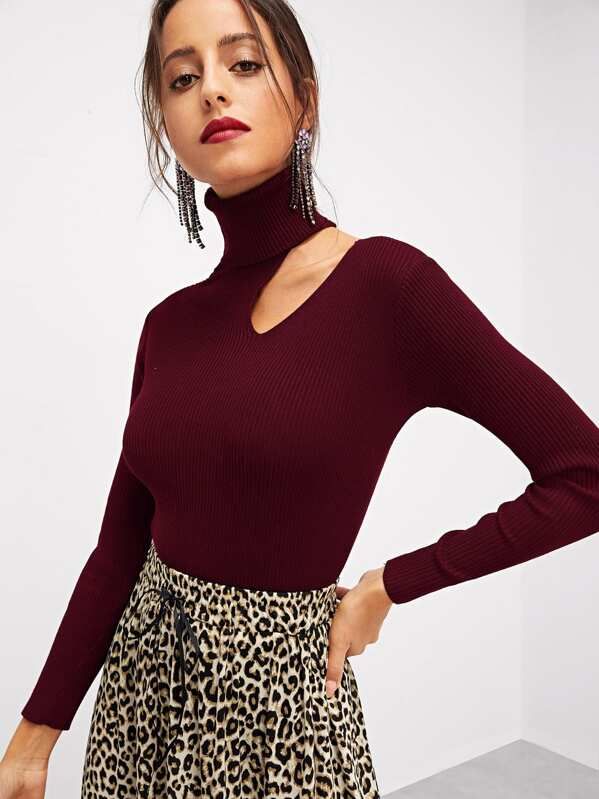 High Neck Cut Out Shoulder Fitted Jumper | SHEIN