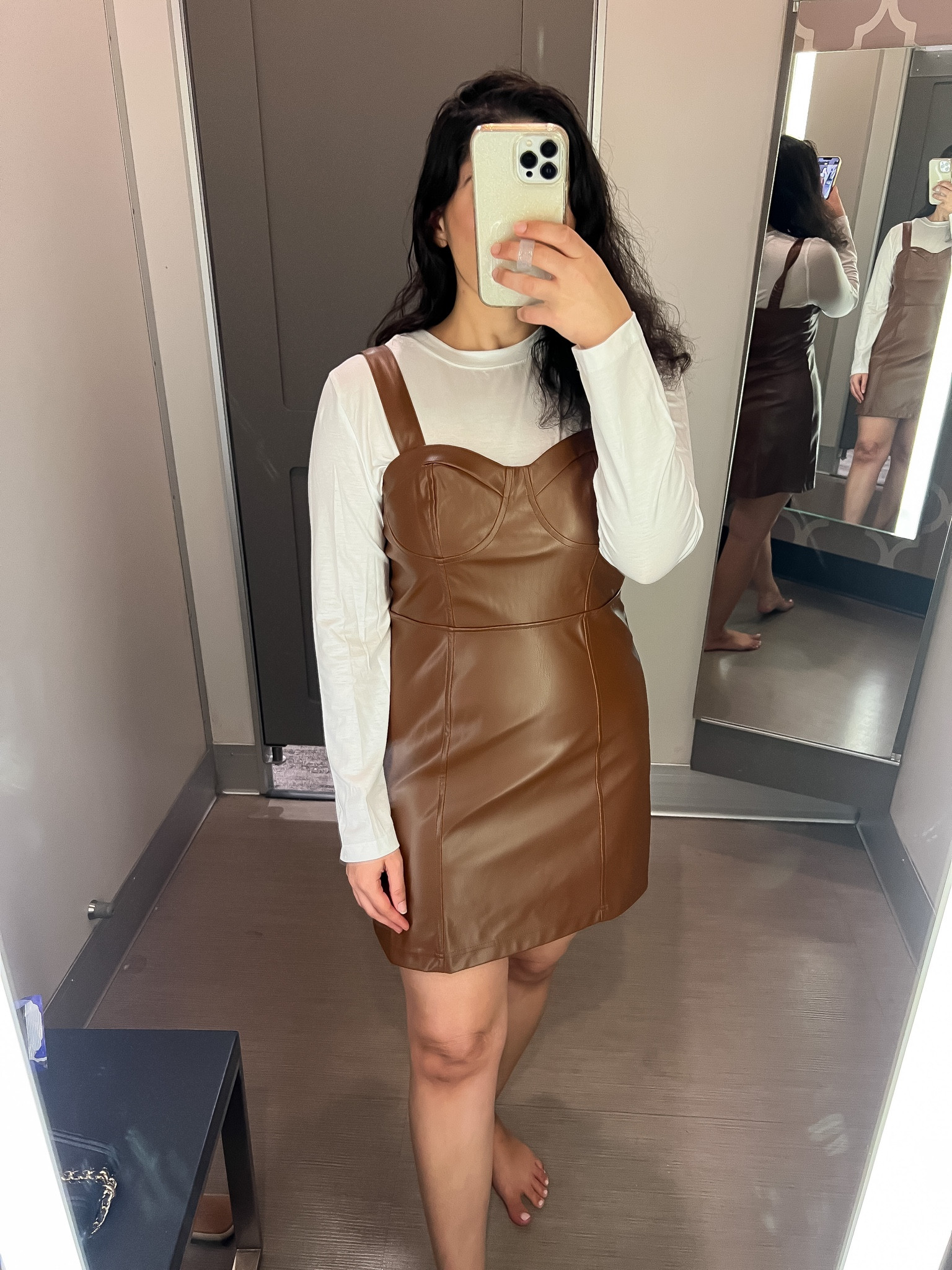summer brunch dresses Out of Xile Checked Pinafore Dress in Gold