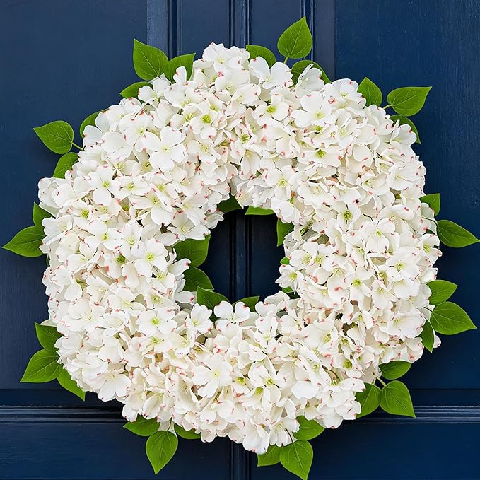 24'' White Hydrangea Spring Wreath for Front Door with Artificial Hydrangea and Silk Greenery, Ou... | Amazon (US)