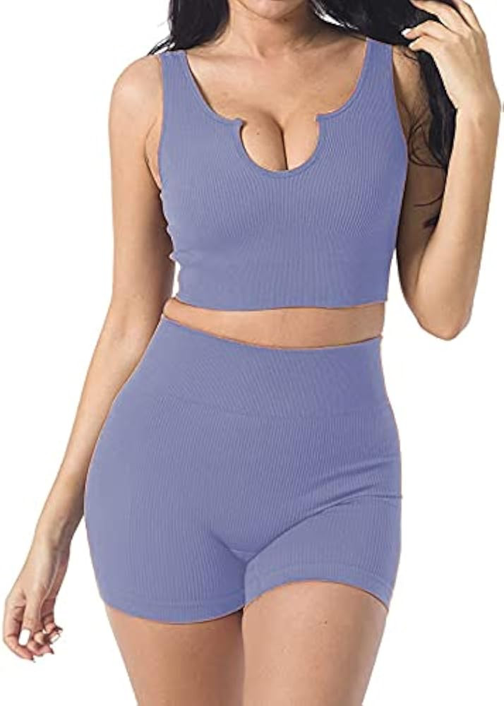 Seamless Workout Sets for Women 2 Piece Yoga Outfits Ribbed High Waist Leggings with Sports Bra Gym  | Amazon (US)
