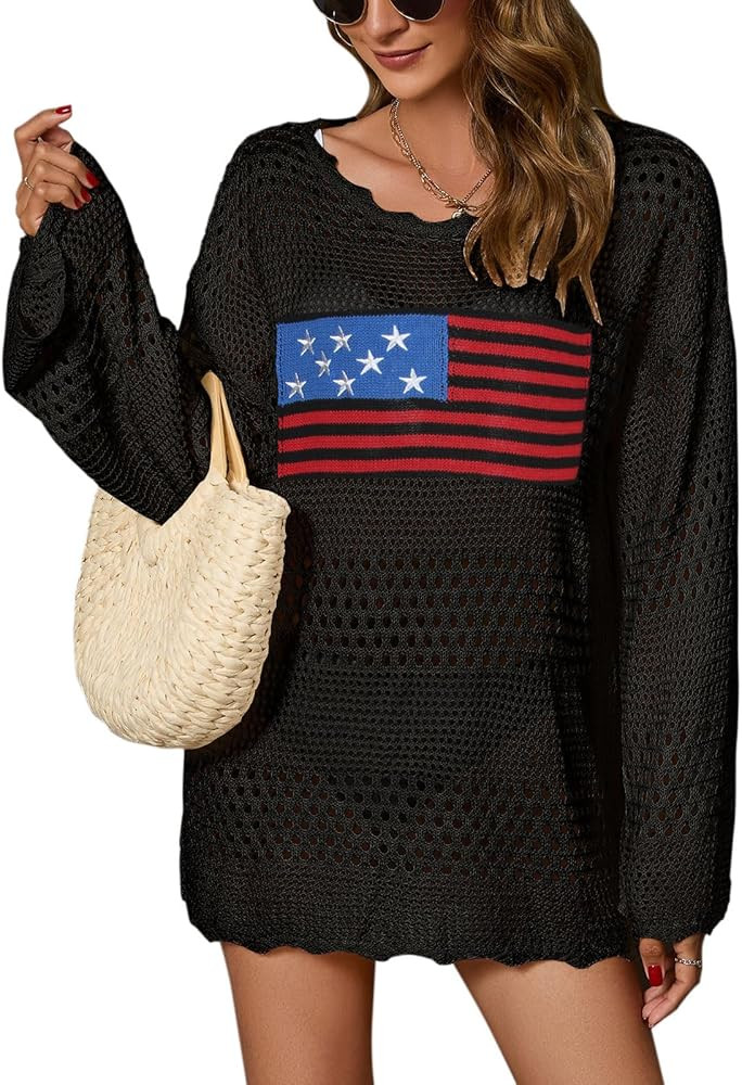 Women's Long Sleeve Swimsuit Cover Up American flag Hollow Out Bathing Suit Crochet Coverups | Amazon (US)