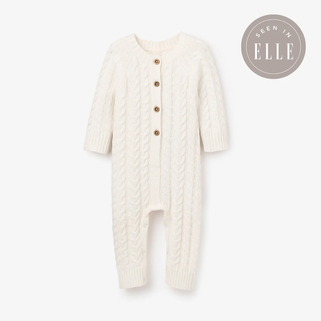 Whisper White Horseshoe Cable Knit Baby Jumpsuit | Elegant Baby