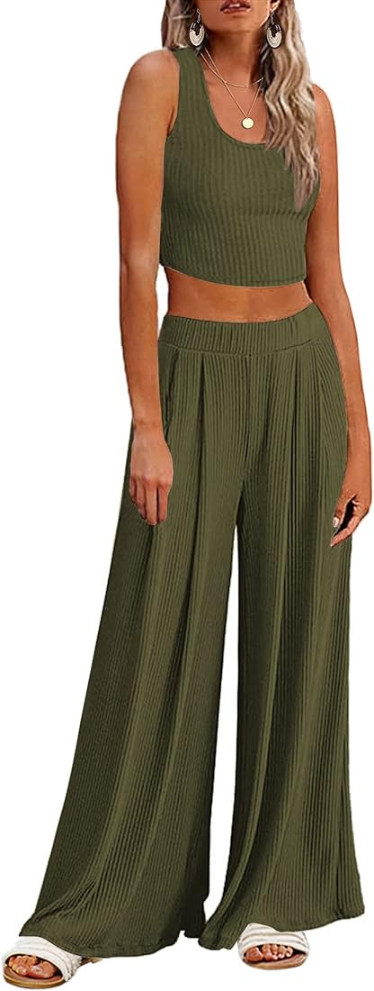 Ekouaer Women's 2 Piece Lounge Sets Ribbed Knit Crop Top Wide Leg Pants with Pockets S-XXL | Amazon (US)