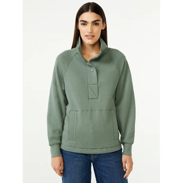 Free Assembly Women's Placket Popover Sweatshirt Top with Raglan Sleeves - Walmart.com | Walmart (US)
