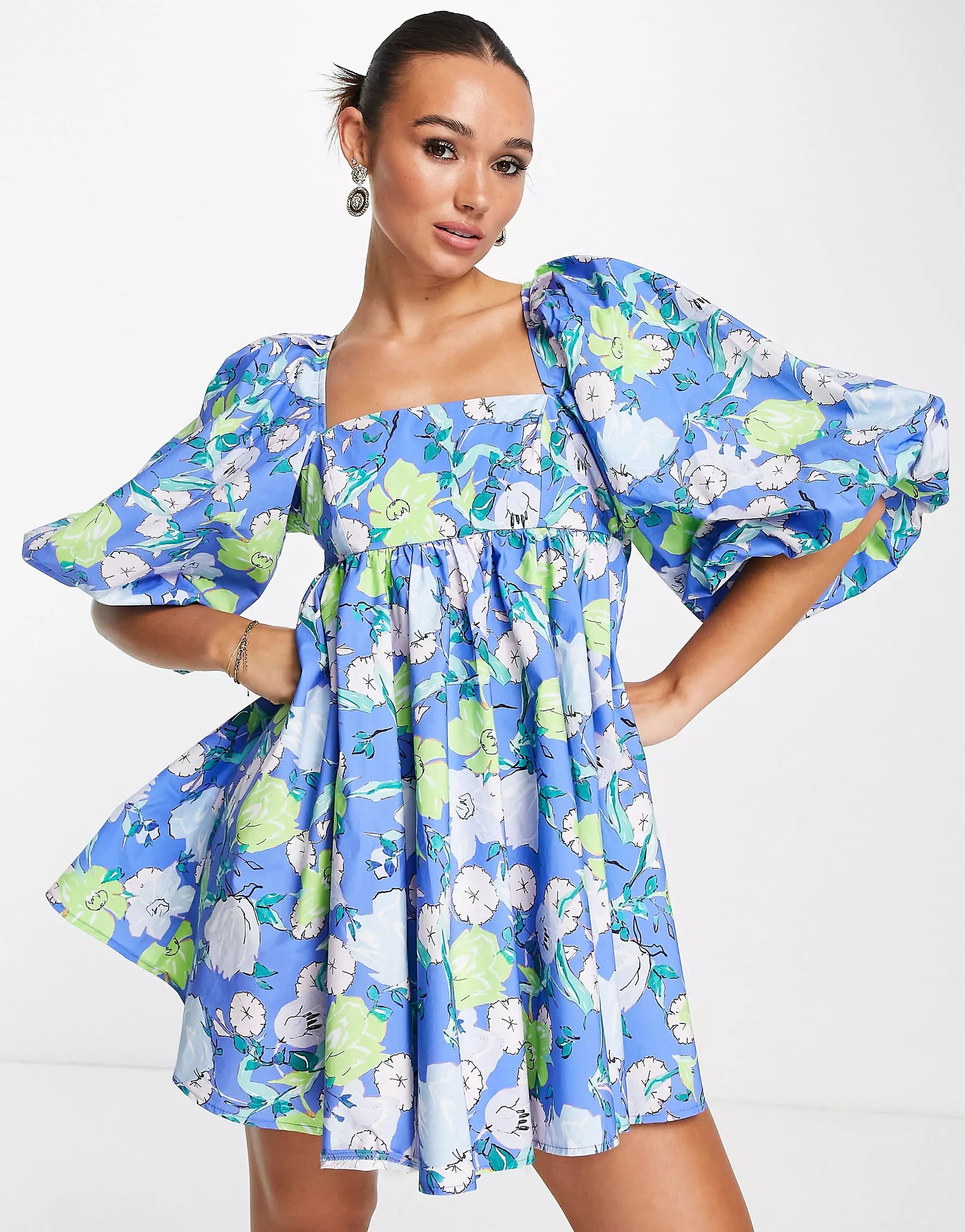ASOS EDITION puff sleeve empire mini dress in abstract blue floral print | ASOS (Global)