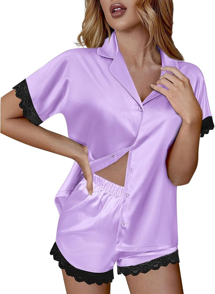 Ekouaer Womens Lace Satin Pajama Set Button Down Pj Shorts Set Bridesmaids Getting Ready Outfits ... | Amazon (US)
