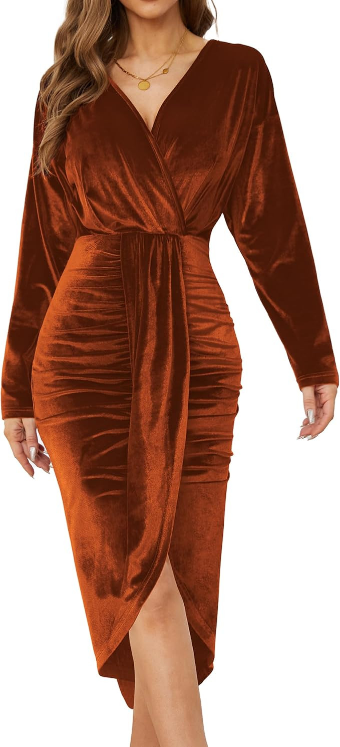 Women's V Neck Long Sleeve Ruched Dress Sexy Velvet Cocktail Party Evening Club Midi Dresses | Amazon (US)