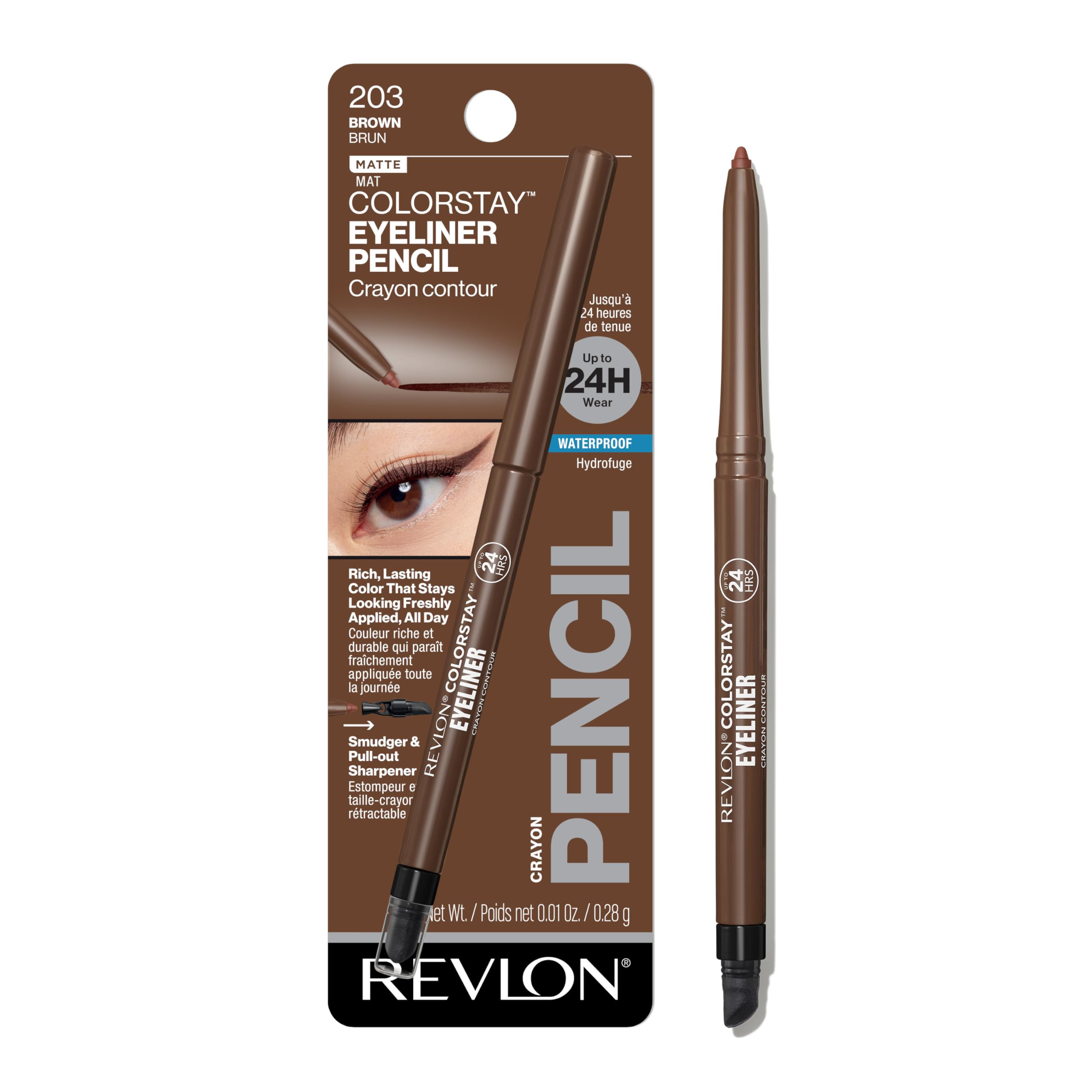 Revlon ColorStay Pencil Waterproof Eyeliner, Smudge-Proof, Eye Makeup with Built-In Sharpener, Packaging May Vary, 203 Brown, 0.01 oz | Amazon (US)