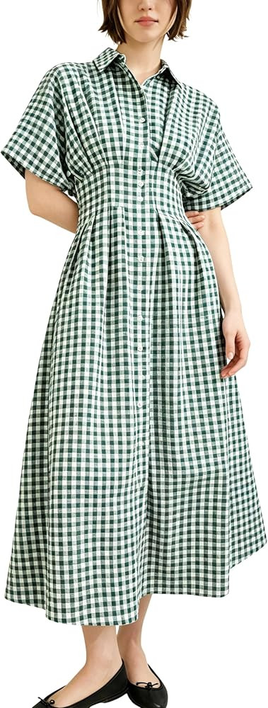 Yeokou Women Plaid Shirt Dress Short Sleeve Button Down Pleated Gingham A Line Maxi Dresses Casua... | Amazon (US)