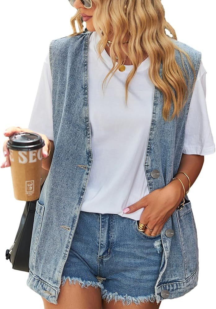 Womens Oversized Sleeveless Jean Denim Jacket Button Down Vest Top for Women Summer Waistcoat Jeans Vests Tops | Amazon (US)
