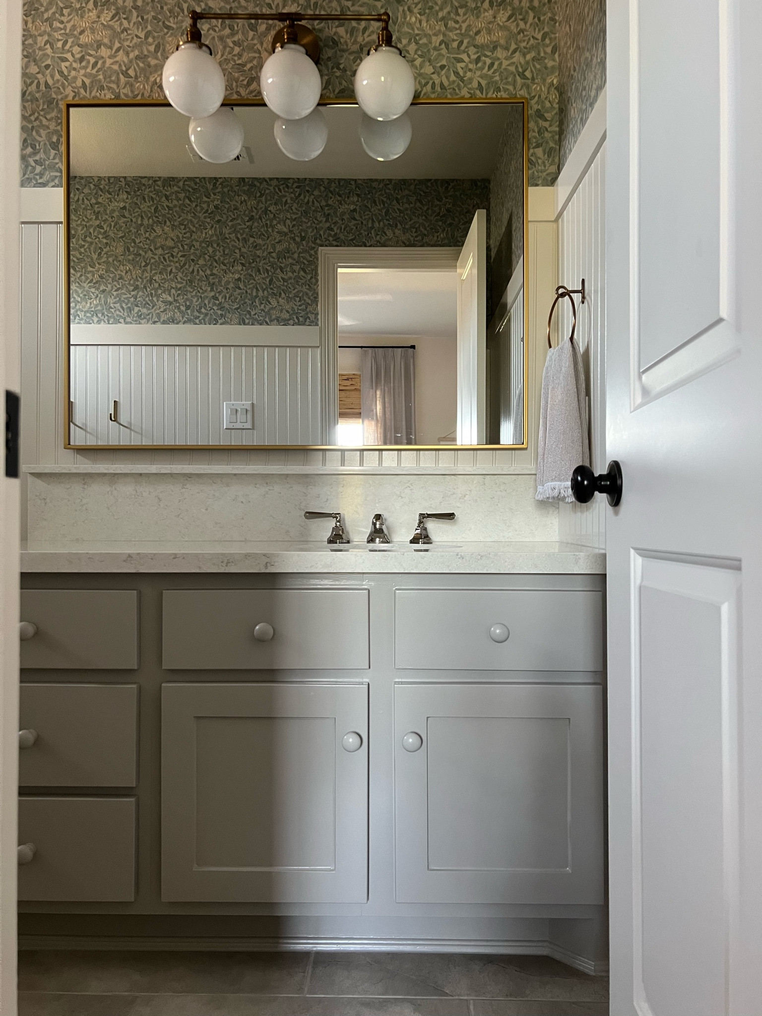 New cabinet paint and painted wooden knobs in Izzy’s bathroom - Sherwin William’s Anew Gray.  Love how smooth this paint came out for only using a sponge roller and brush.

#LTKHome