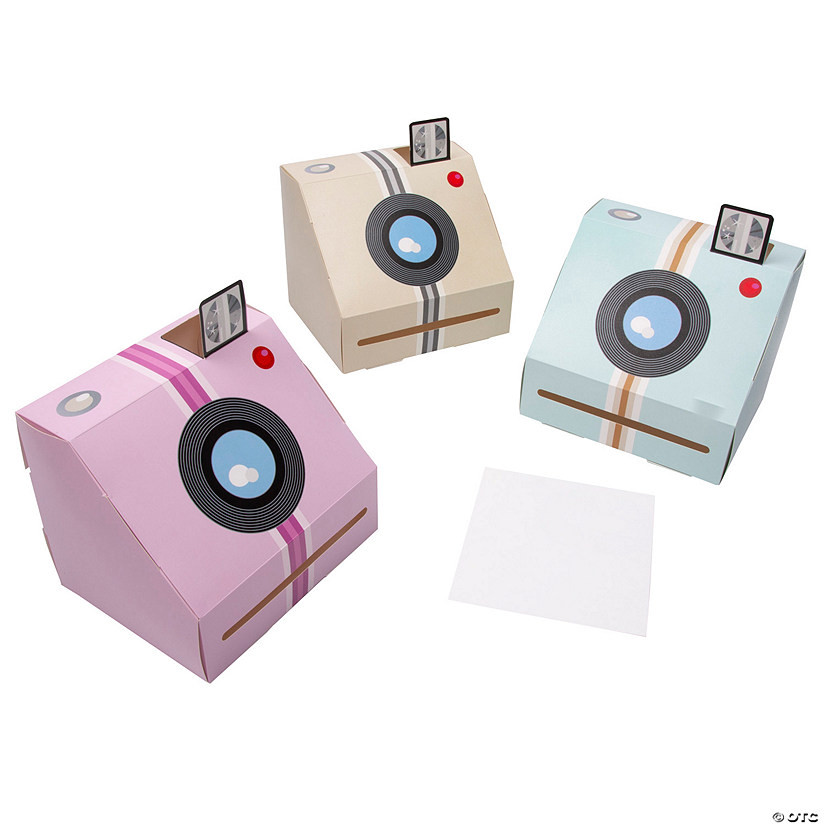5 1/4" x 6 3/4" Pink, Tan and Blue Instant Camera-Shaped Favor Boxes - 12 Pc. | Oriental Trading Company