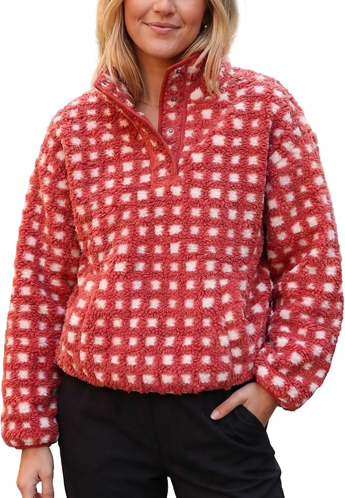 Checkered Fleece Sweatshirt for Women Long Sleeve High Neck Fuzzy Sherpa Hoodie Winter Plaid Pull... | Amazon (US)