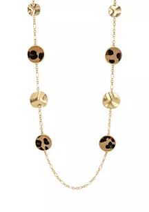 Gold Tone Long Necklace with Leopard Print Round Disc Stations | Belk