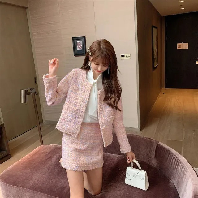 HotBlock - Set: Plaid Pocket Detail Tweed Jacket + Mini Pencil Skirt | YesStyle Global