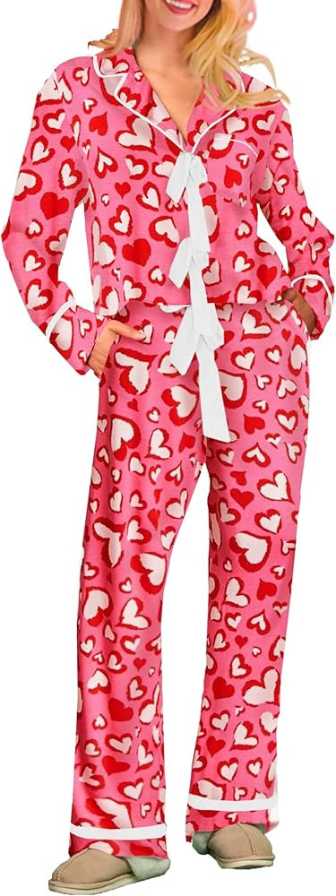 Argeousgor Women Valentine's Day Pajamas Bow Pjs Set Long Sleeve Shirt Pants Silk Heart Print 2 P... | Amazon (US)