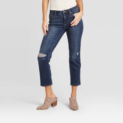 Women's High-Rise Cropped Distressed Straight Jeans - Universal Thread™ Dark Wash | Target