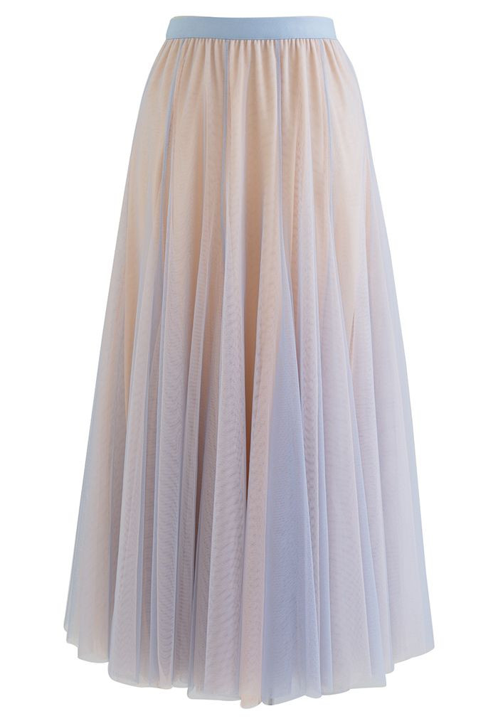 Mixture Color Panelled Tulle Maxi Skirt in Light Blue | Chicwish