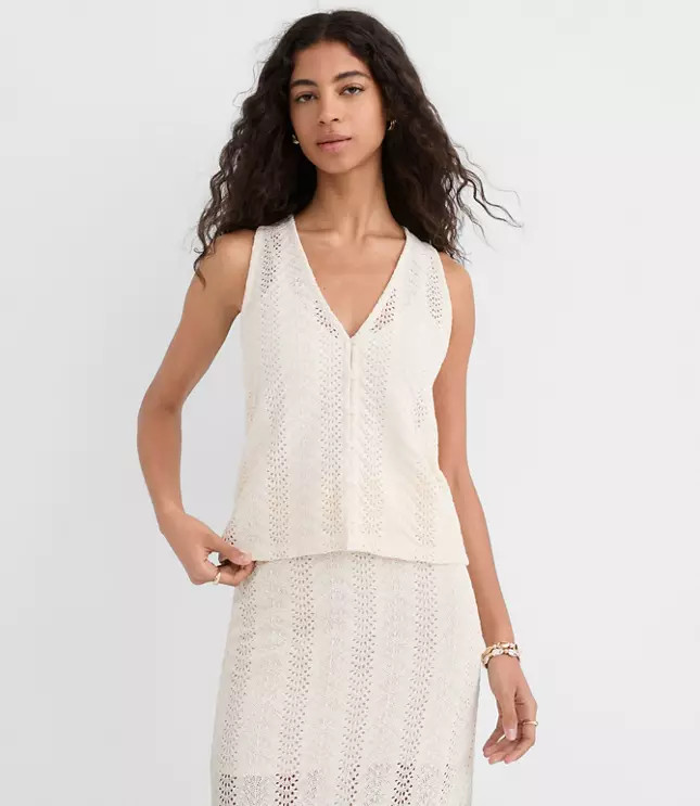 Crochet Button V-Neck Top | LOFT