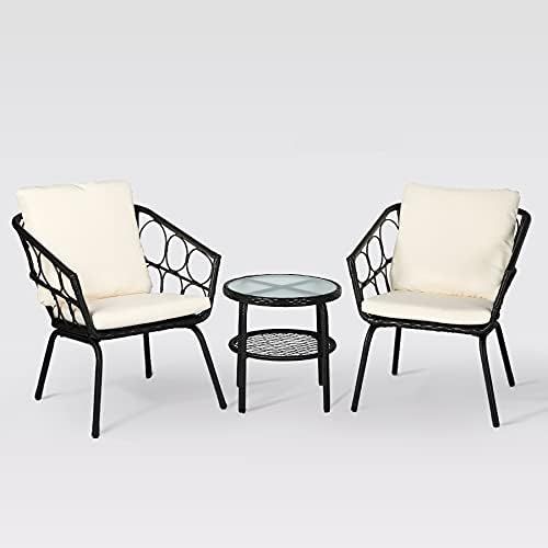 3 Pieces Patio Wicker Conversation Chair Set,Outdoor Furniture Seating with Table & Cushions for ... | Amazon (US)