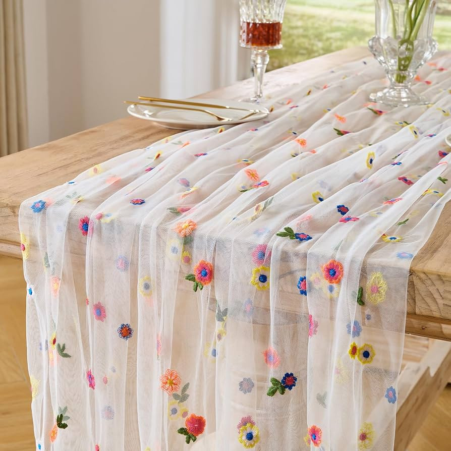 BINBE 1pcs Ivory Daisy Spring Table Runner Embroidery Gauze 10FT Florals Seasonal Tulle Holiday B... | Amazon (US)