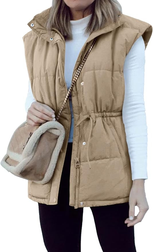 BTFBM Women's Casual Outerwear Vest Button Down Zip Up Padded Gilet Drawstring Sleeveless Jackets... | Amazon (US)