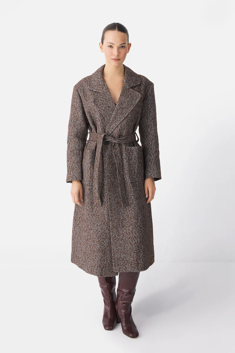 Brown Herringbone Wool Belted Coat | PIRAL