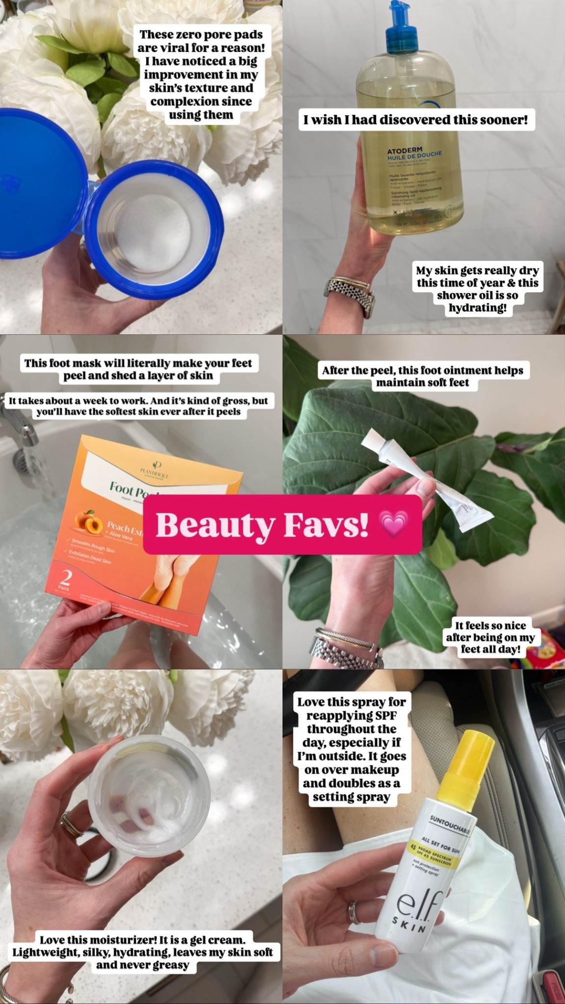 Beauty favs!! 
Zero pore pads, shower oil, foot peel mask, foot ointment, non toxic self tan, gel cream moisturizer, SPF setting spray, cleansing balm, magnesium oil 



#LTKBeauty #LTKselfcare