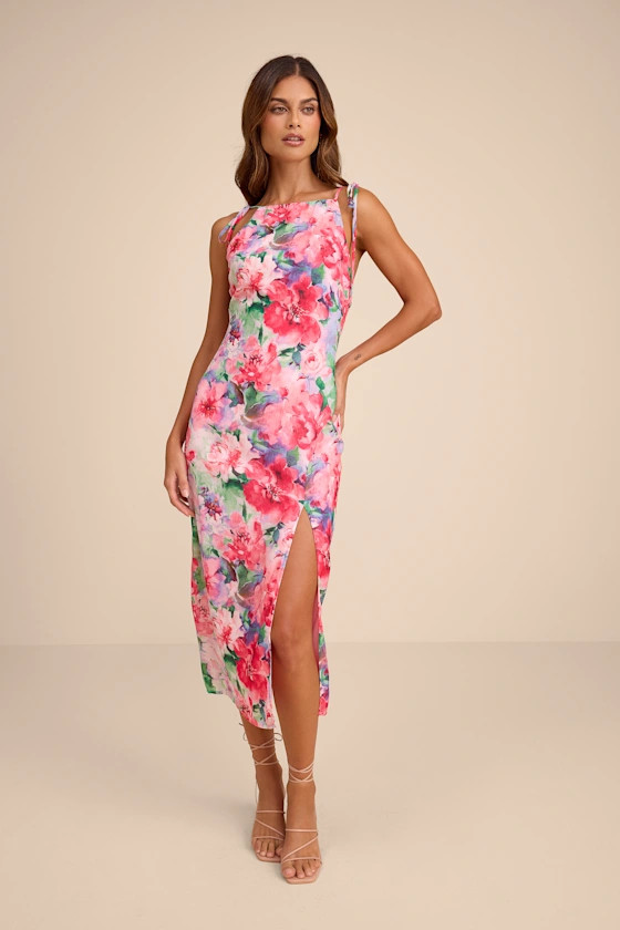 Rebecca Pink Multi Floral Tie-Strap Column Midi Dress | Lulus