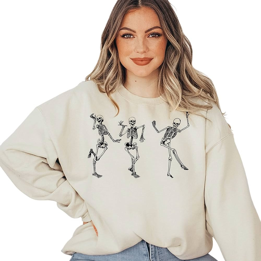 Dancing Skeleton Sweatshirt, Funny Halloween Crewneck, Sand Color Sweatshirt (L) | Amazon (US)