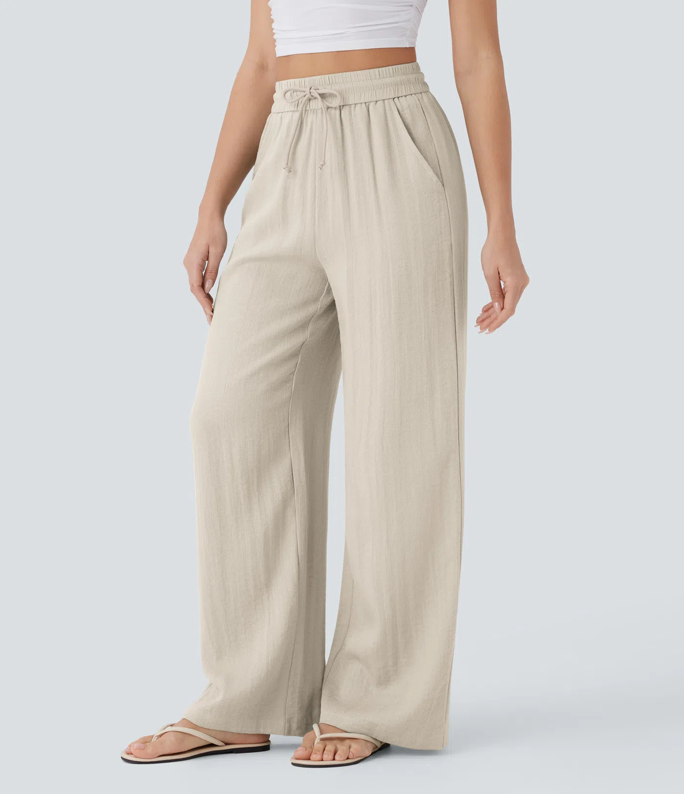 Women’s High Waisted Drawstring Pocket Wide Leg Casual Linen-Feel Pants - Halara | HALARA