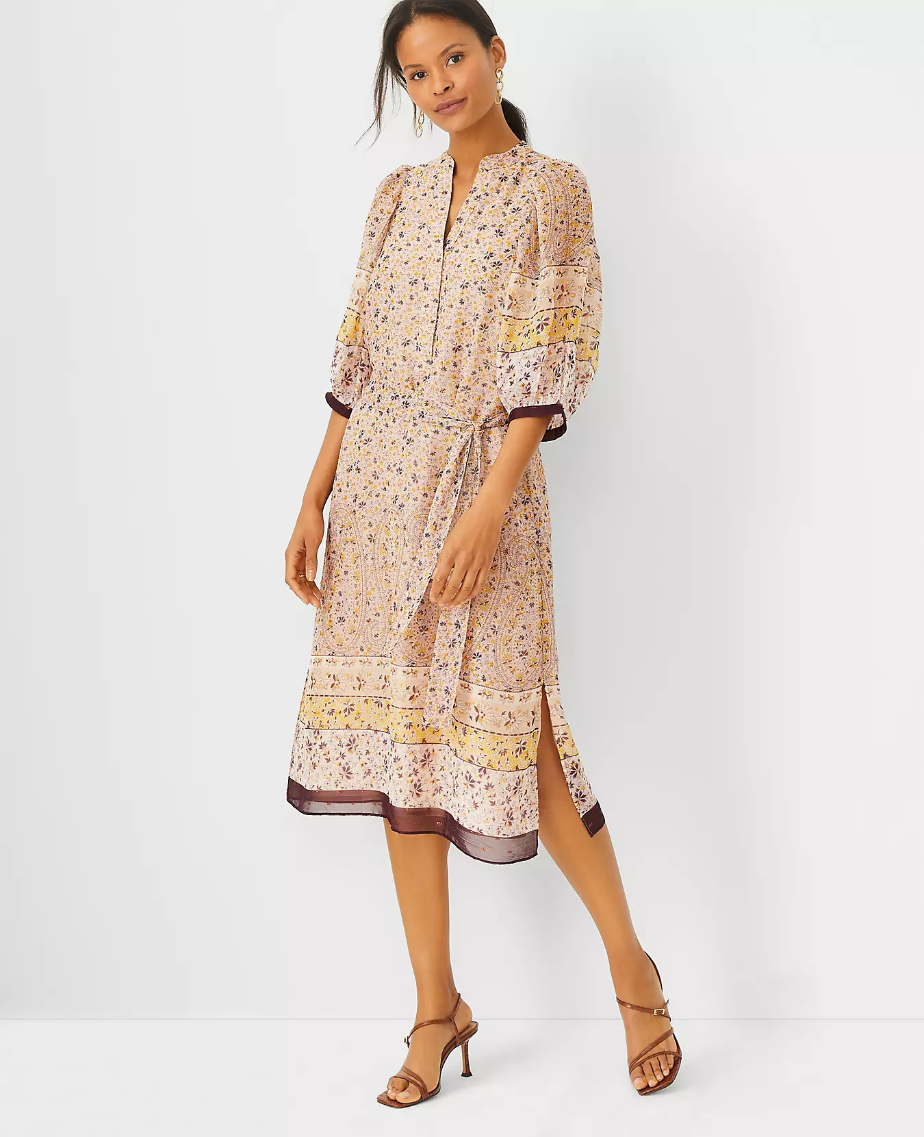 Paisley Border Balloon Sleeve Midi Dress | Ann Taylor (US)