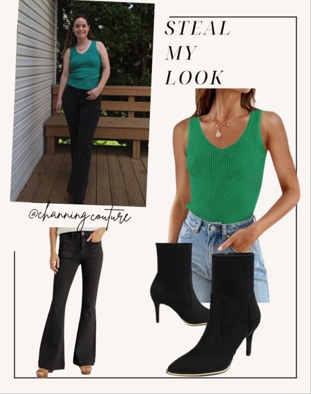 Styling my new Kelly Green tank. Pairing it with the most flattering black flare jeans and comfortable knit ankle boots #kellygreen #easyoutfits #simpleoutfits

#LTKmidsize