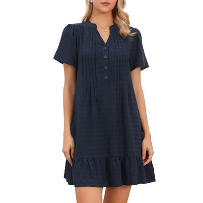 INSPIRE CHIC Women's V Neck Short Sleeve Mini Textured Ruffle Hem Tunic Babydoll Dresses Large Navy Blue | Target