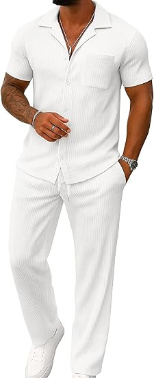 UOUA Mens Summer 2 Piece Set Casual Outfits Button Short Sleeve Shirt & Loose Pants Textured Stri... | Amazon (US)