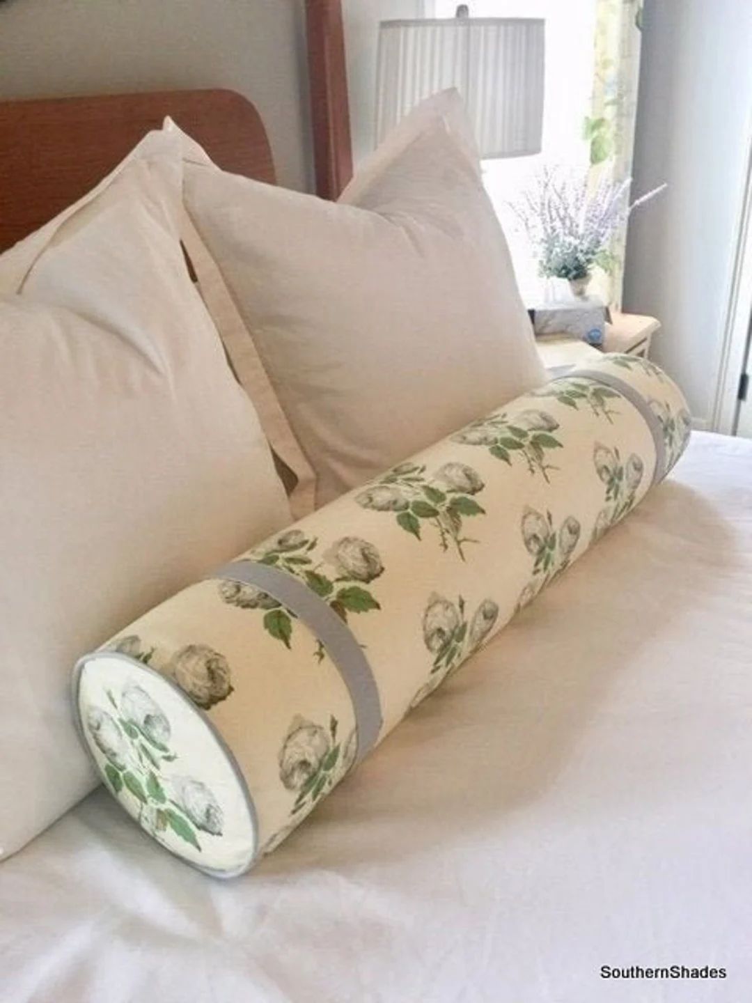 Bowood Cotton Chintz Bolster Green-grey/white-leaf/pink-leaf - Etsy | Etsy (US)