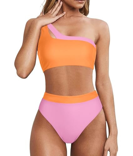 MOOSLOVER Women Cutout One Shoulder High Waisted Bikini High Cut Two Piece Swimsuits(XL,Pink Orange-20) | Amazon (US)