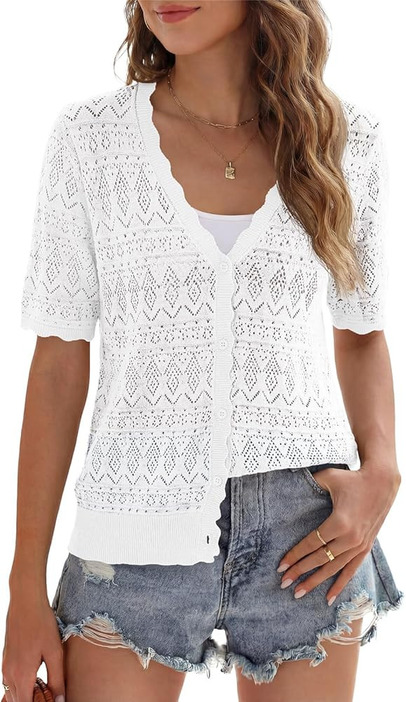 Saodimallsu Womens Short Sleeve Cardigans Button Down Crochet Lightweight Spring Summer V Neck Kn... | Amazon (US)